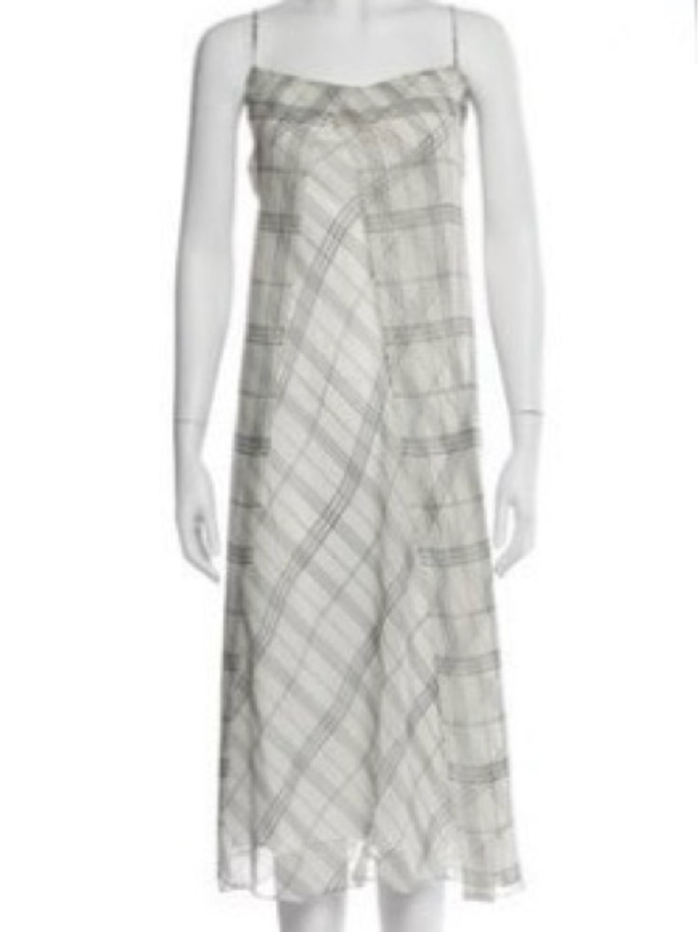 Vince Cream and Gray Plaid Spaghetti-Strap Midi Dress